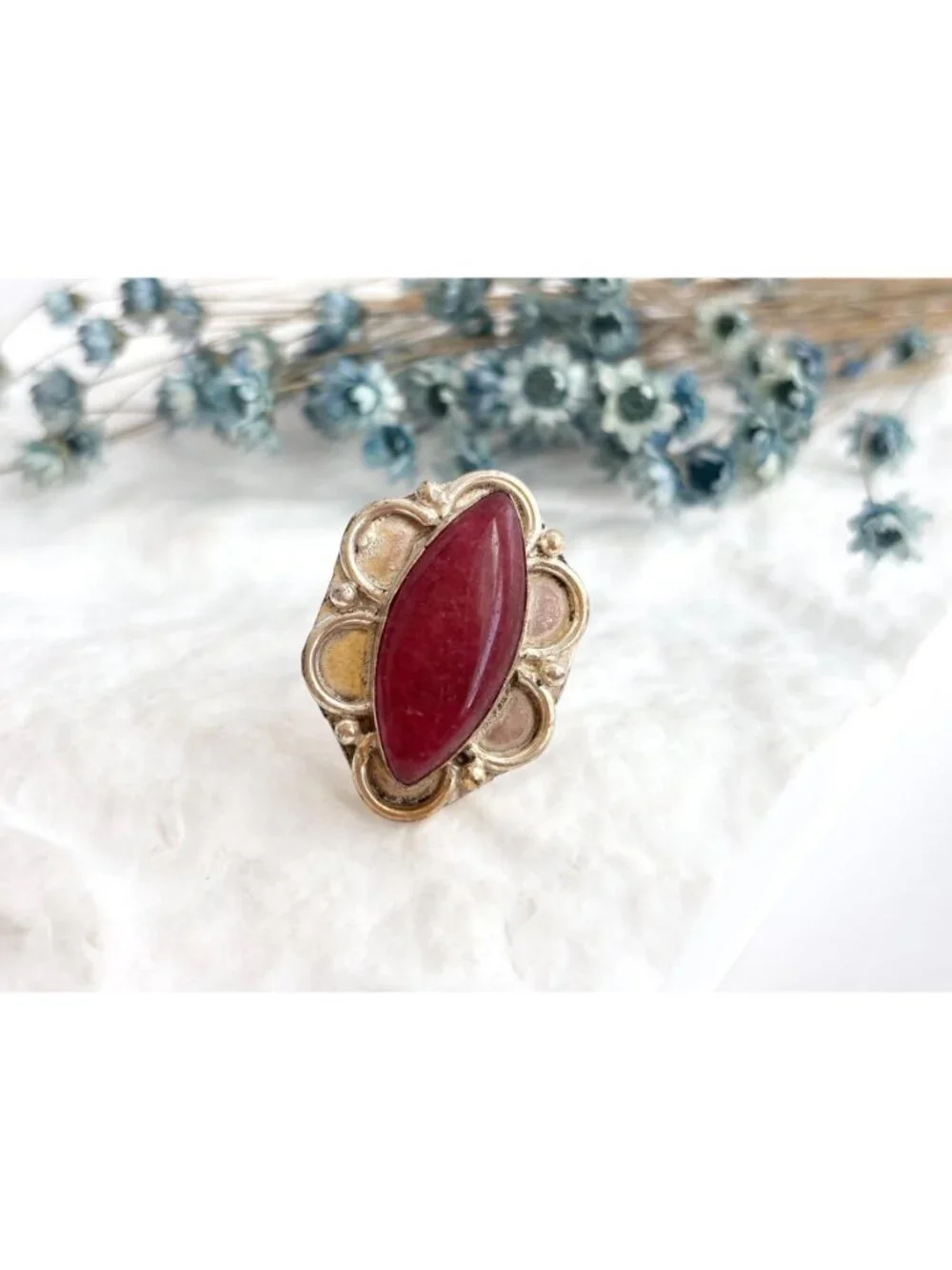 Red Adventurine Marquise Scalloped Sterling Silver 925 Vintage Ring - sz 10.5
